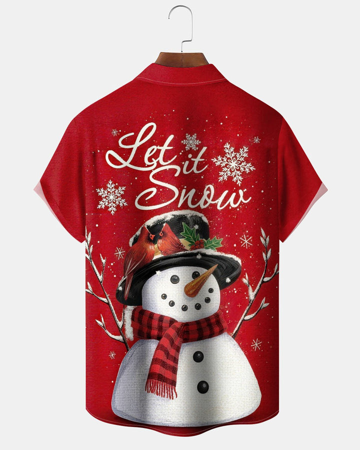 Alohadaddy® Holiday Christmas Snowman Print Button-Down Short-Sleeve Shirt with Pocket