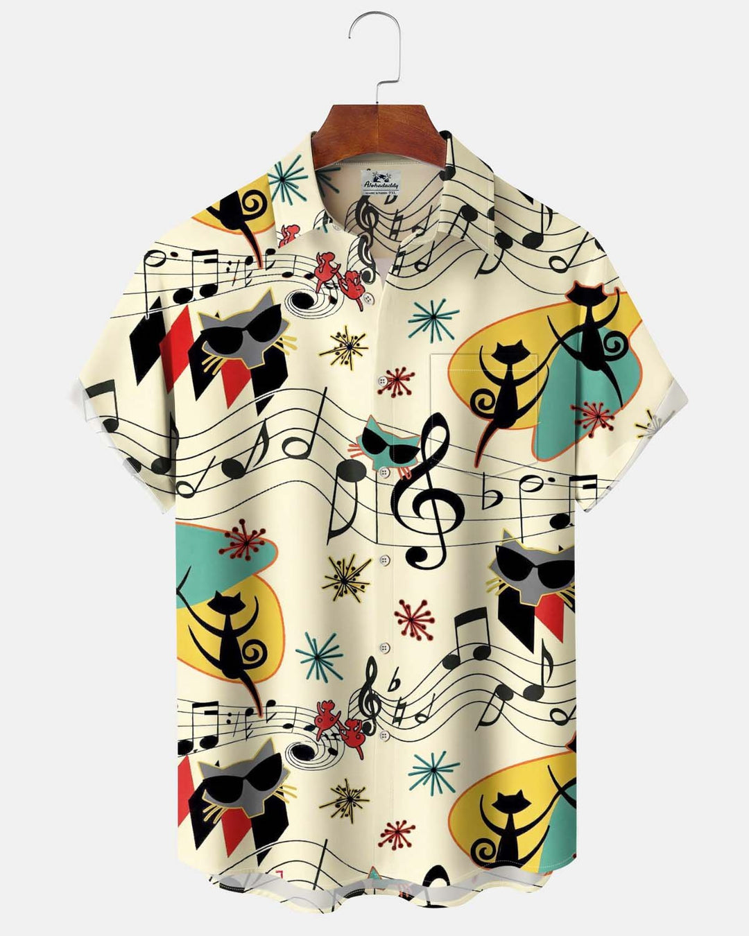 Alohadaddy® Men’s Short-Sleeve Button-Down Shirt  Vintage-Style Atomic Cat &amp; Musical Note Print with Pocket
