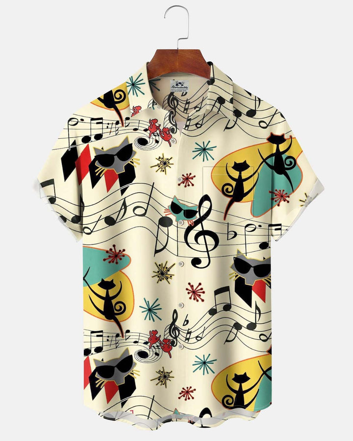 Alohadaddy® Men’s Short-Sleeve Button-Down Shirt  Vintage-Style Atomic Cat &amp; Musical Note Print with Pocket