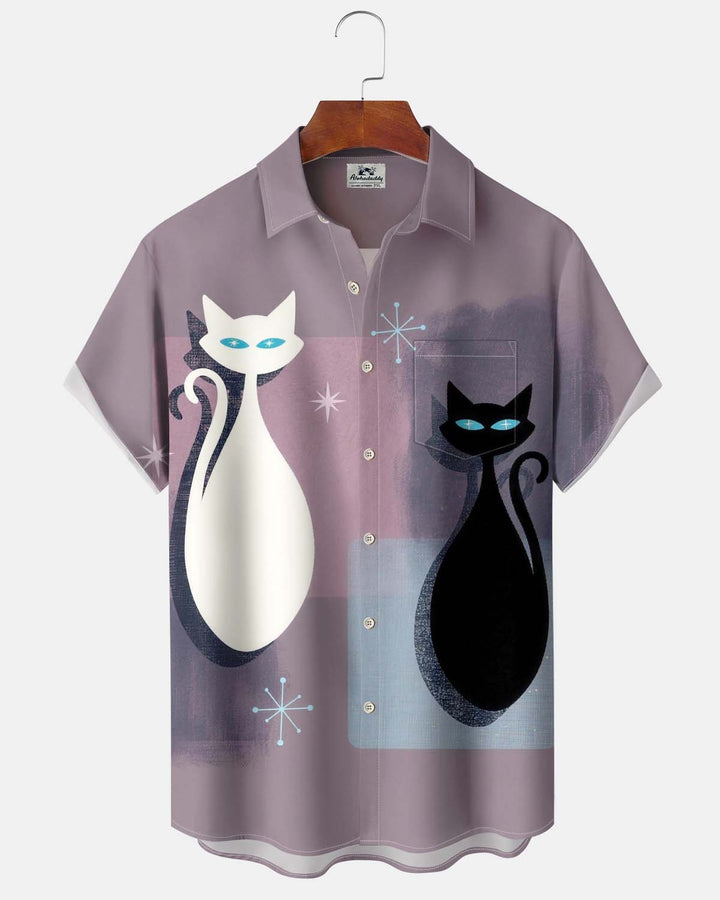 Alohadaddy® Casual Men’s Short-Sleeve Button-Down Shirt  Atomic Cat Graphic Print with Pocket