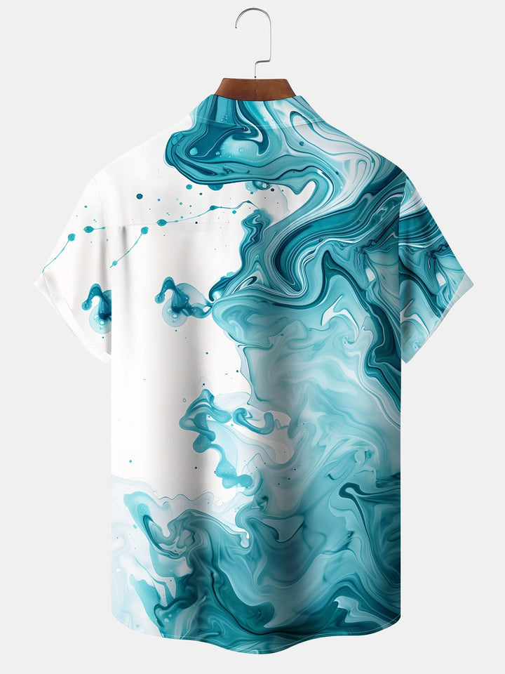 Alohadaddy Casual Collection Abstract Art Palm Trees Printed Art Buttons Cardigan Pockets Polyester Stretch Short Sleeve Shirt