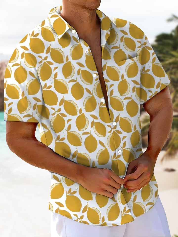 Alohadaddy® Casual Fruit Lemon Art Print Chest Pocket Elasticity Hawaiian Short Sleeve Shirt Big &amp; Tall
