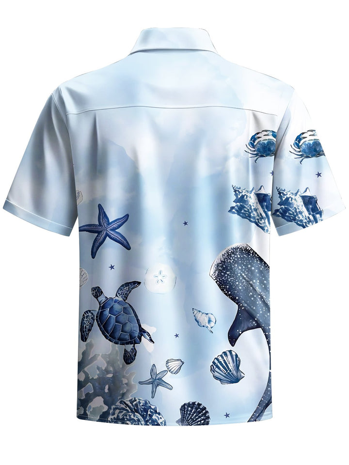 Alohadaddy® Hawaii Whale Turtle Print Art Chest Pocket Mens Short Sleeve Shirt Big &amp; Tall