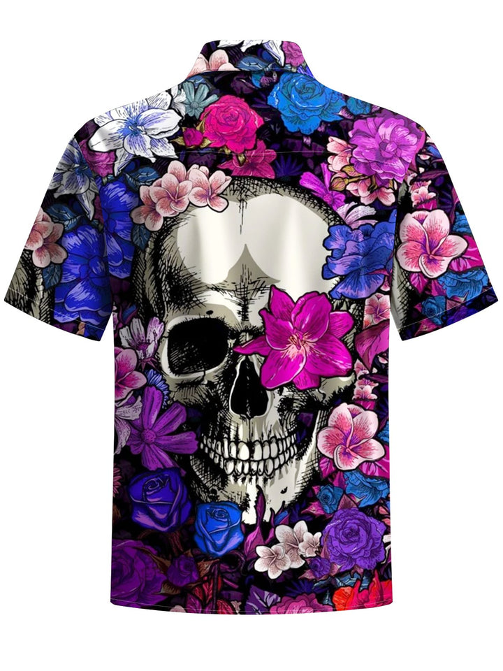Alohadaddy® Hawaiian floral skull print chest pocket men&