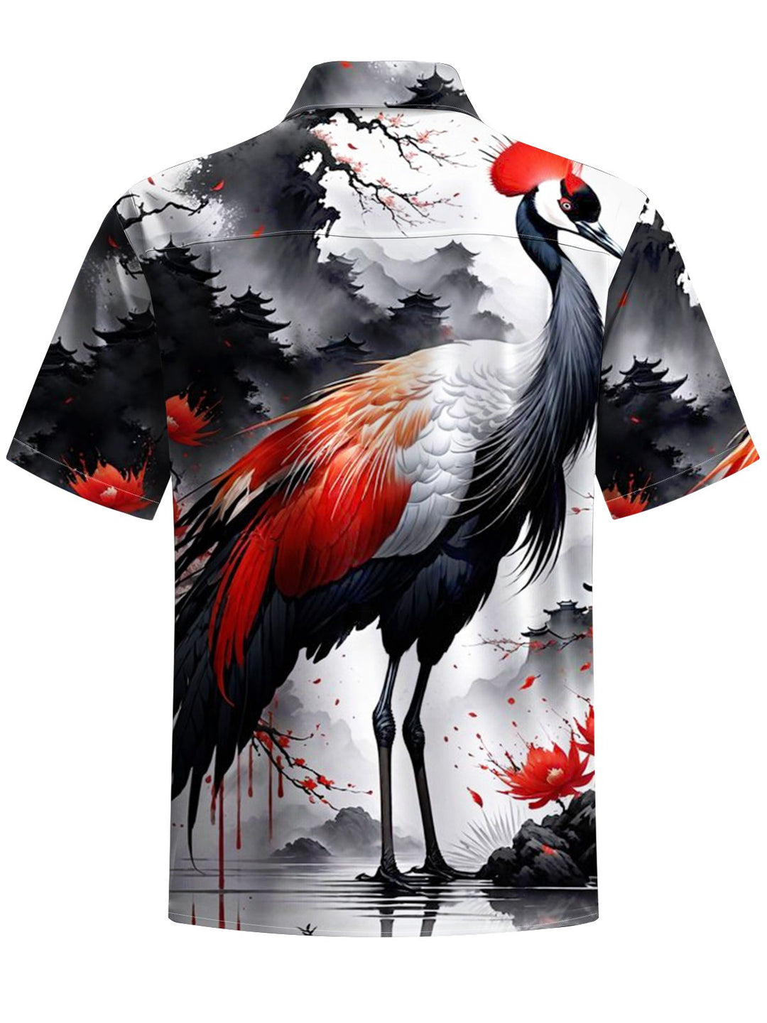 Alohadaddy® Casual Red-Crowned Crane Ink Painting Print Art Chest Pocket Men&