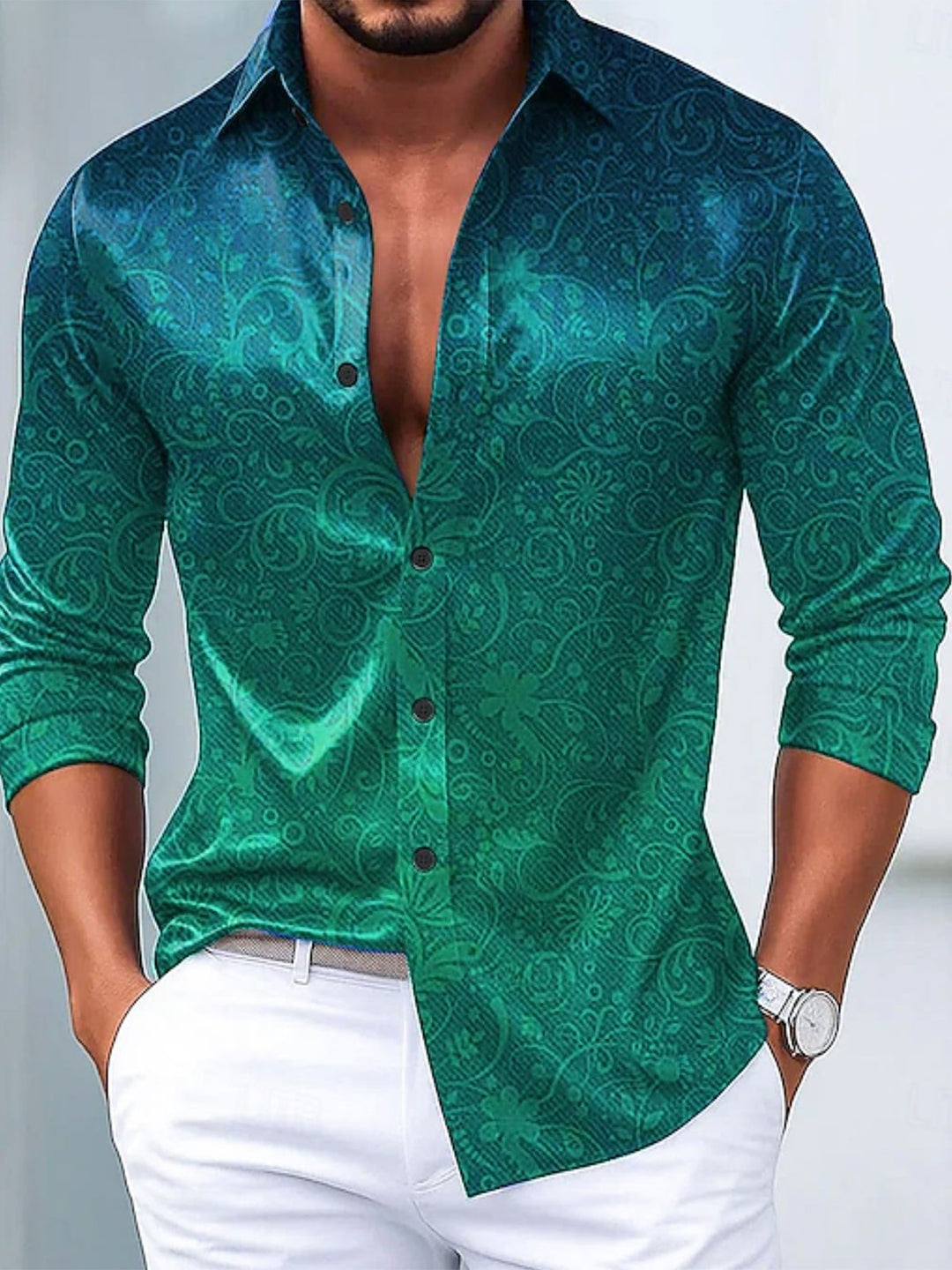 Alohadaddy® Vintage Floral Ombre Print Glossy Elastic Button Men&