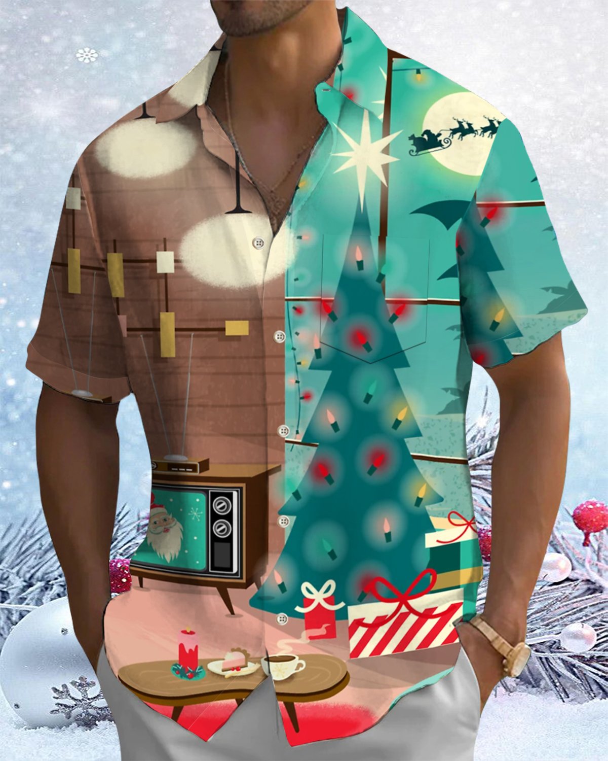 Alohadaddy® Christmas Retro Mid-Century Geometric Print Pocket Elastic Button Men's Short Sleeve Shirt Big & Tall