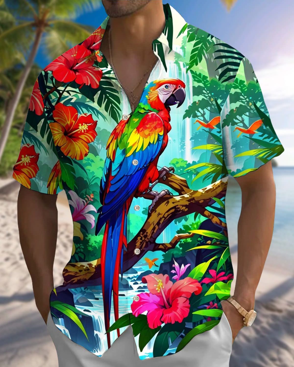Alohadaddy® Hawaiian Parrot Print Pocket Elastic Button Men's Long Sleeve Shirt Big & Tall