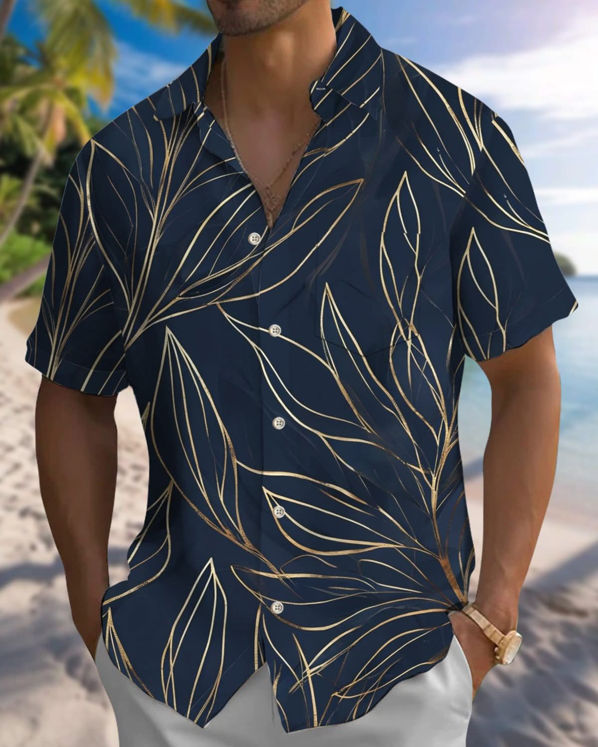 Alohadaddy® Vintage Leaf Art Print Pocket Elastic Button Men's Short Sleeve Shirt Big & Tall