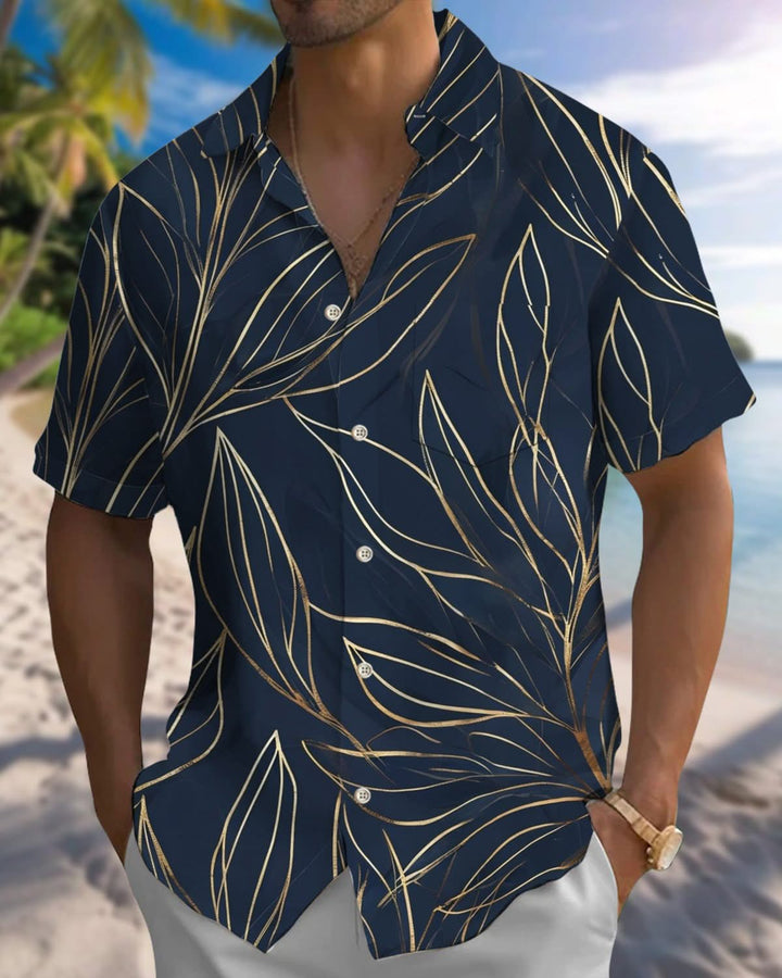 Alohadaddy® Vintage Leaf Art Print Pocket Elastic Button Men&