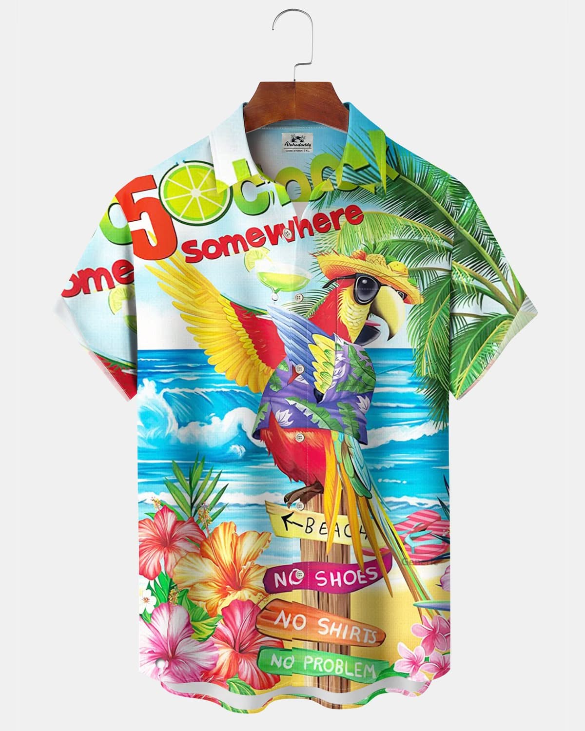 Alohadaddy® Hawaiian Parrot Vacation Print Art Pocket Button Elastic Men's Short Sleeve Shirt Big & Tall