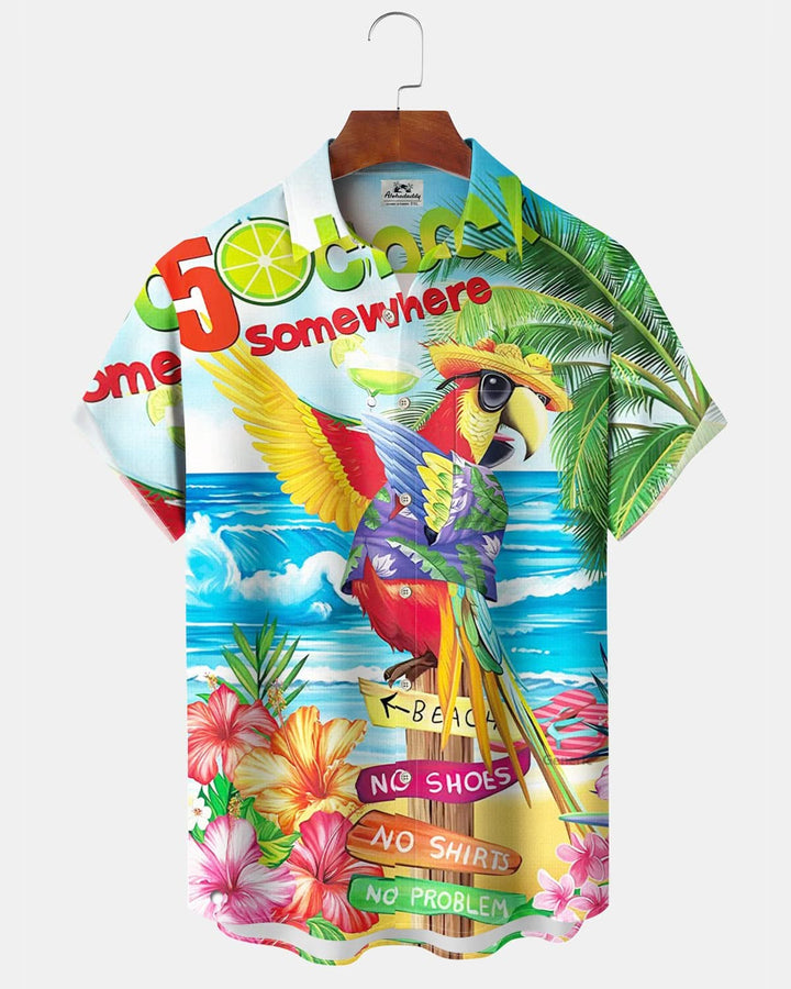 Alohadaddy® Hawaiian Parrot Vacation Print Art Pocket Button Elastic Men&