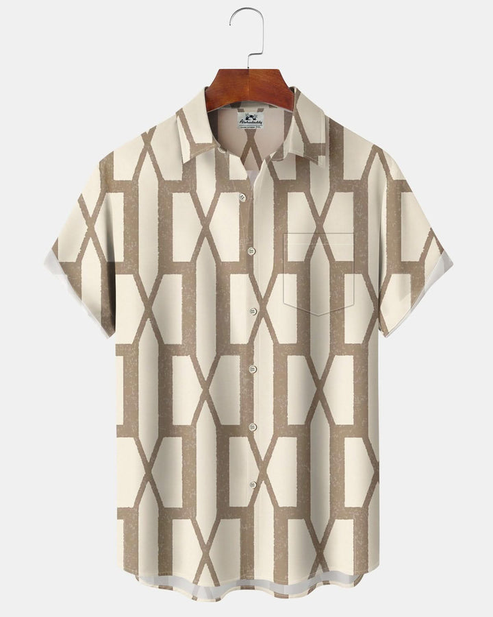 Alohadaddy® Retro Geometric Print Art Pocket Button Stretch Men&