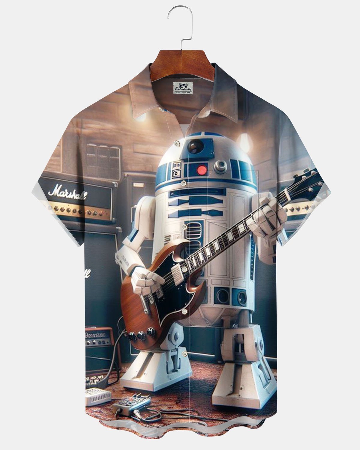 Alohadaddy® Retro Robot Guitar Print Art Stretch Men's Short-Sleeve Shirt Big & Tall