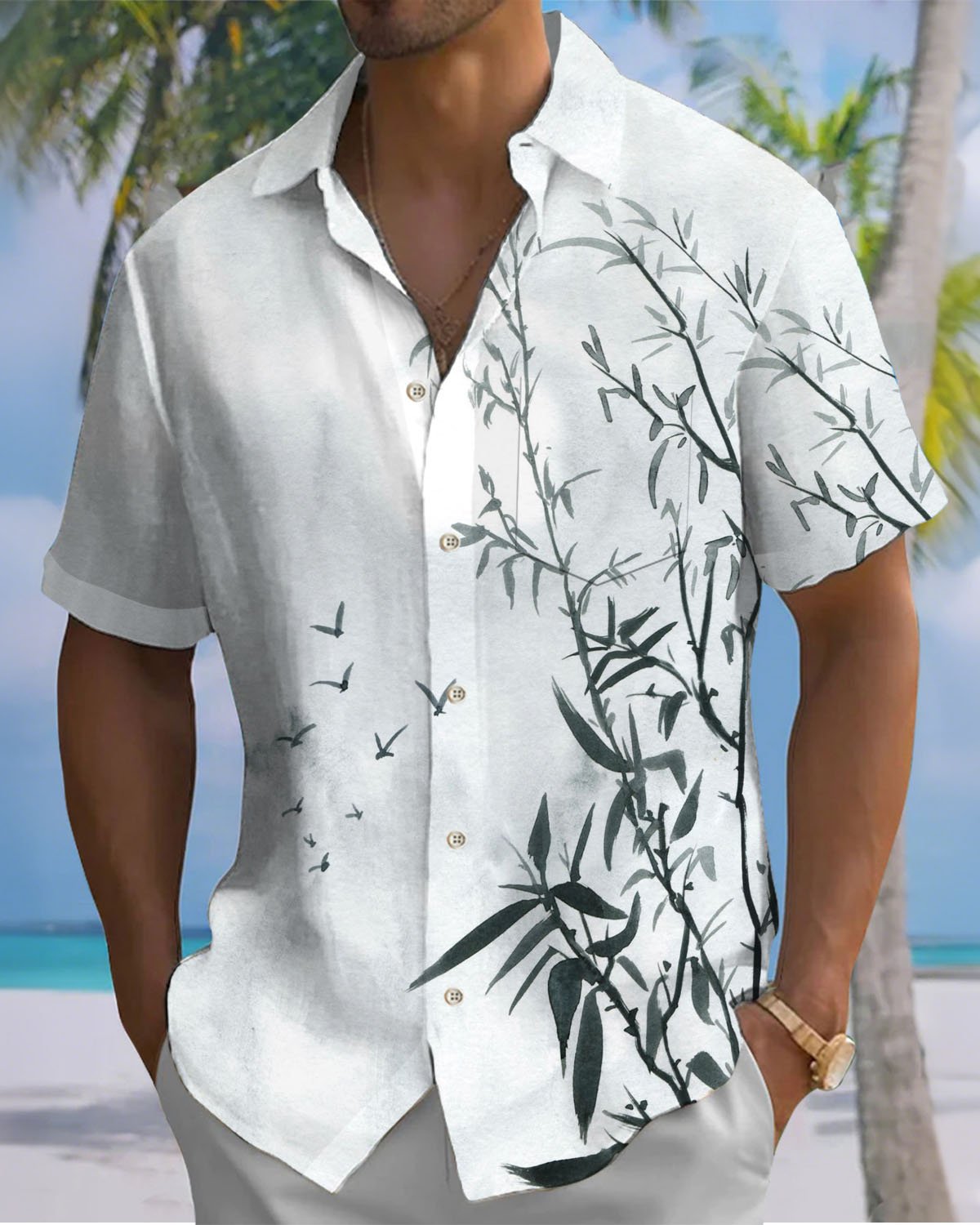 Alohadaddy® Hawaiian Bamboo Print Stretch Pocket Button Men's Short Sleeve Shirt Big & Tall