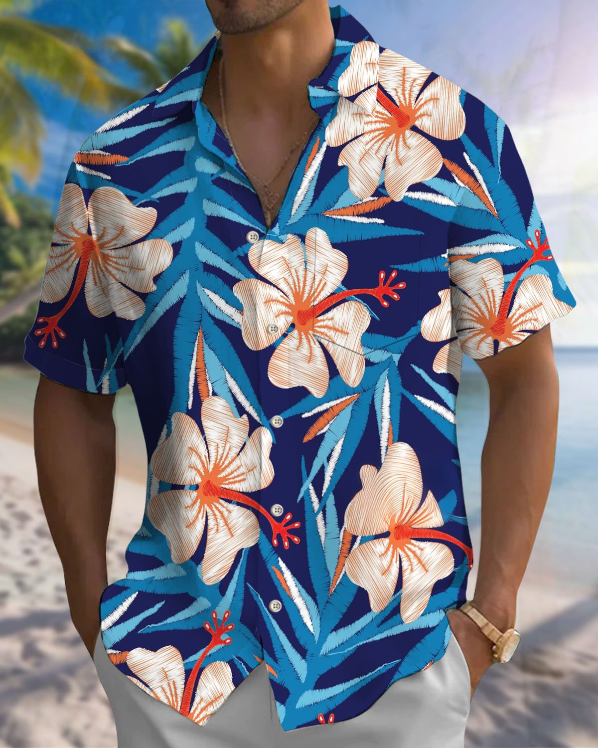 Alohadaddy® Hawaiian Floral Print Art Button-Down Short-Sleeve Shirt with Pockets for Men Big & Tall