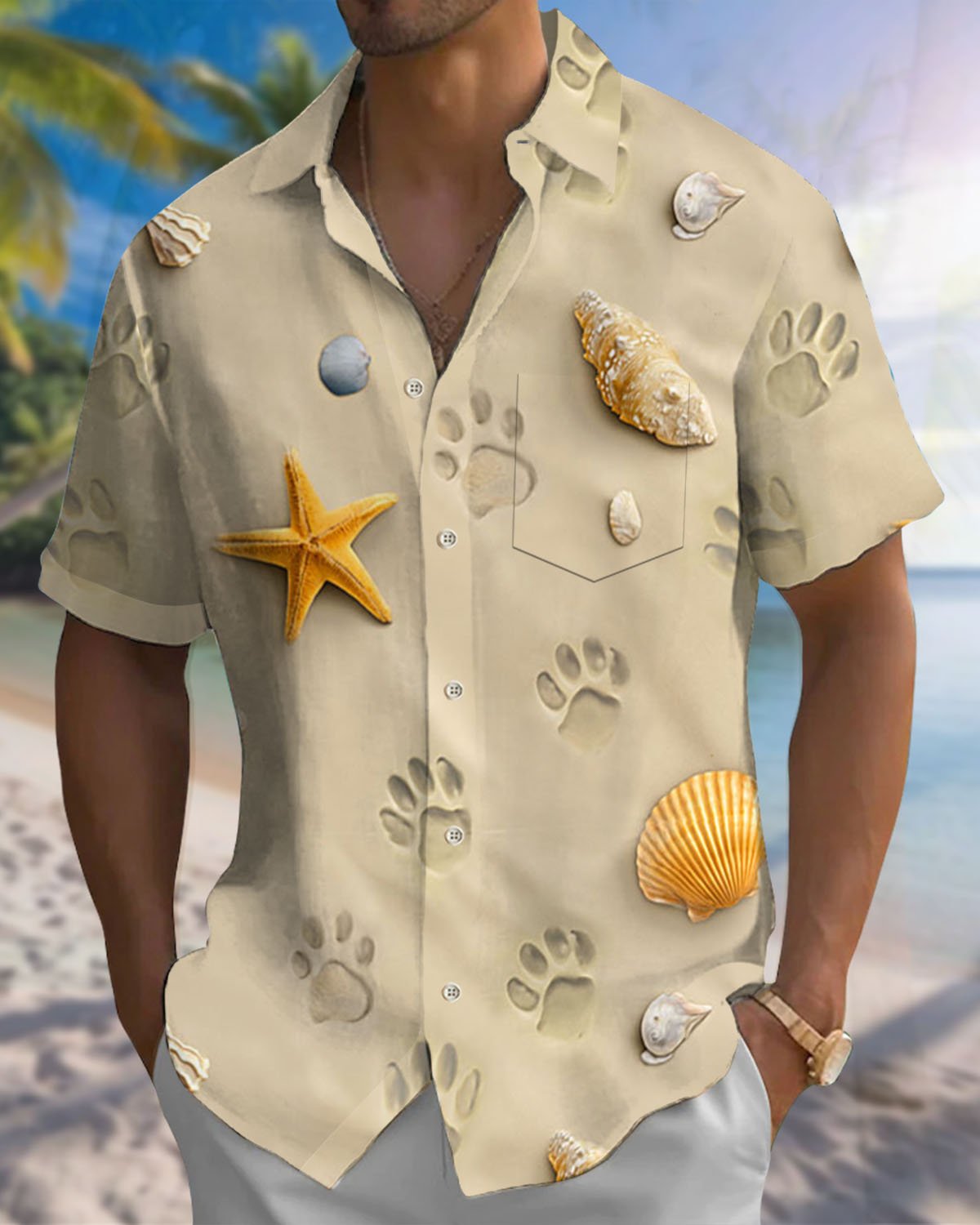 Alohadaddy® Hawaiian Beach Seashell Print Art Button-Down Pocket Men's Short-Sleeve Shirt Big & Tall