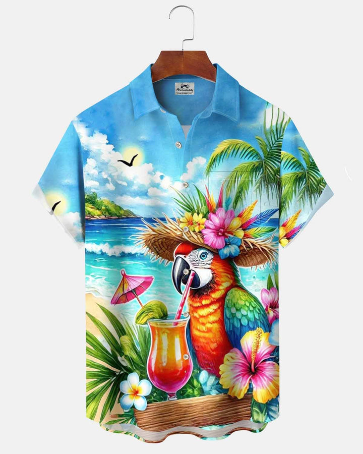 Alohadaddy® Hawaiian Parrot Print Art Pocket Button Cardigan Men&