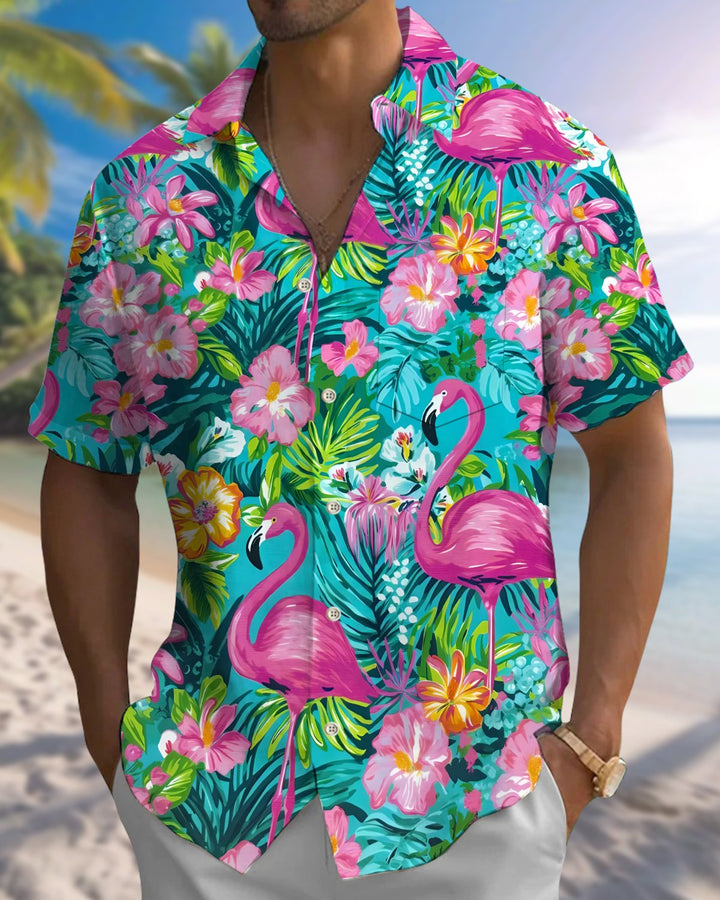 Alohadaddy® Hawaiian Flamingo Print Art Button Pocket Cardigan Men&
