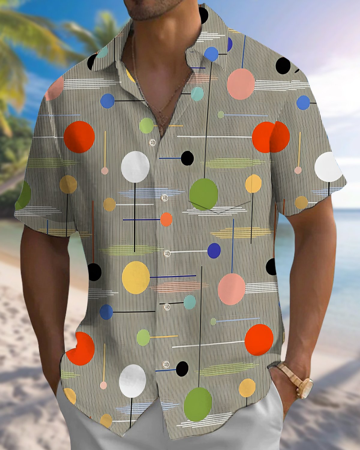 Alohadaddy® Vintage Geometric Print Art Button Pocket Cardigan Men's Short Sleeve Shirt