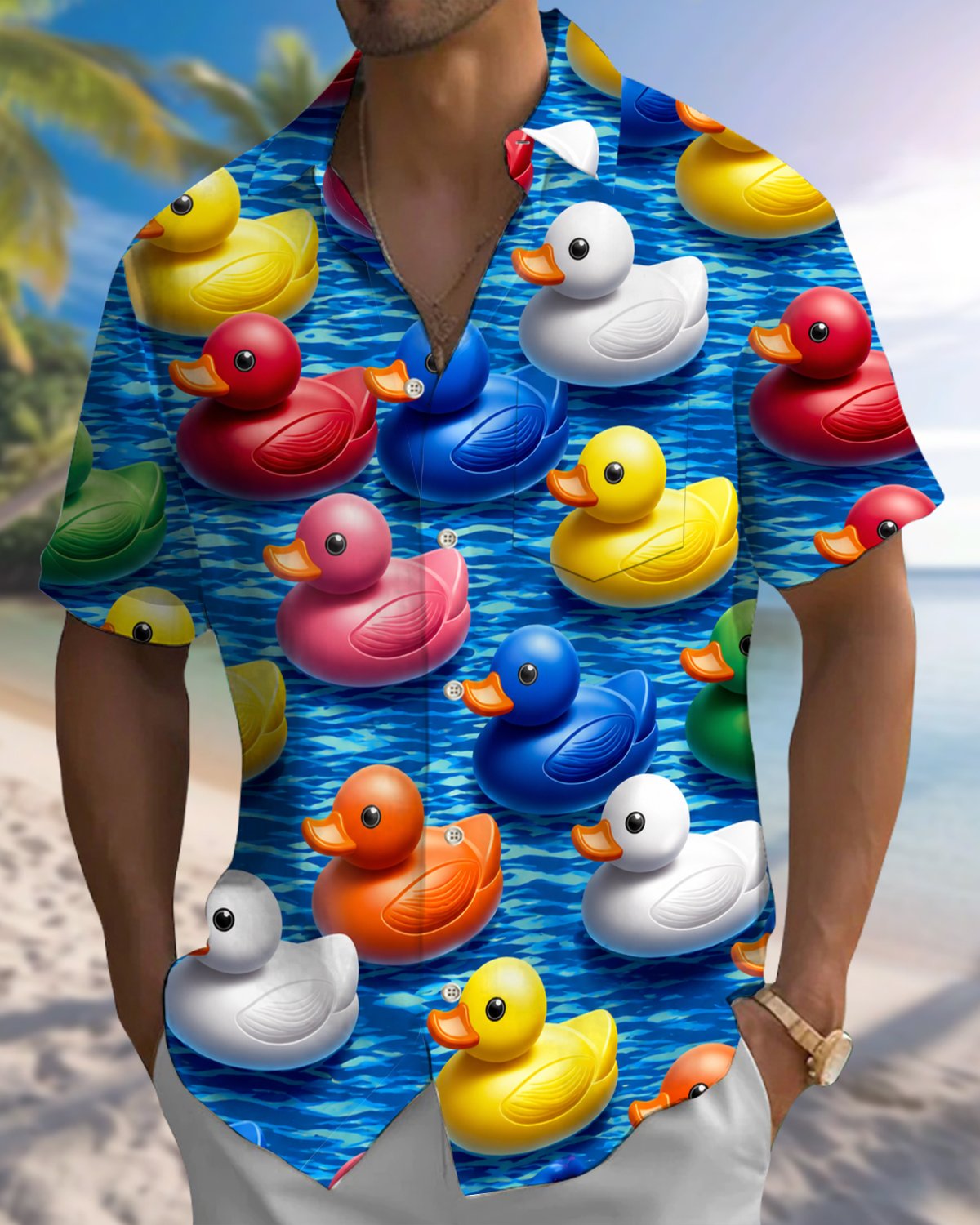 Alohadaddy® Hawaiian Duck Print Art Men's Short-Sleeve Shirt  Button-Down Cardigan Style with Pocket