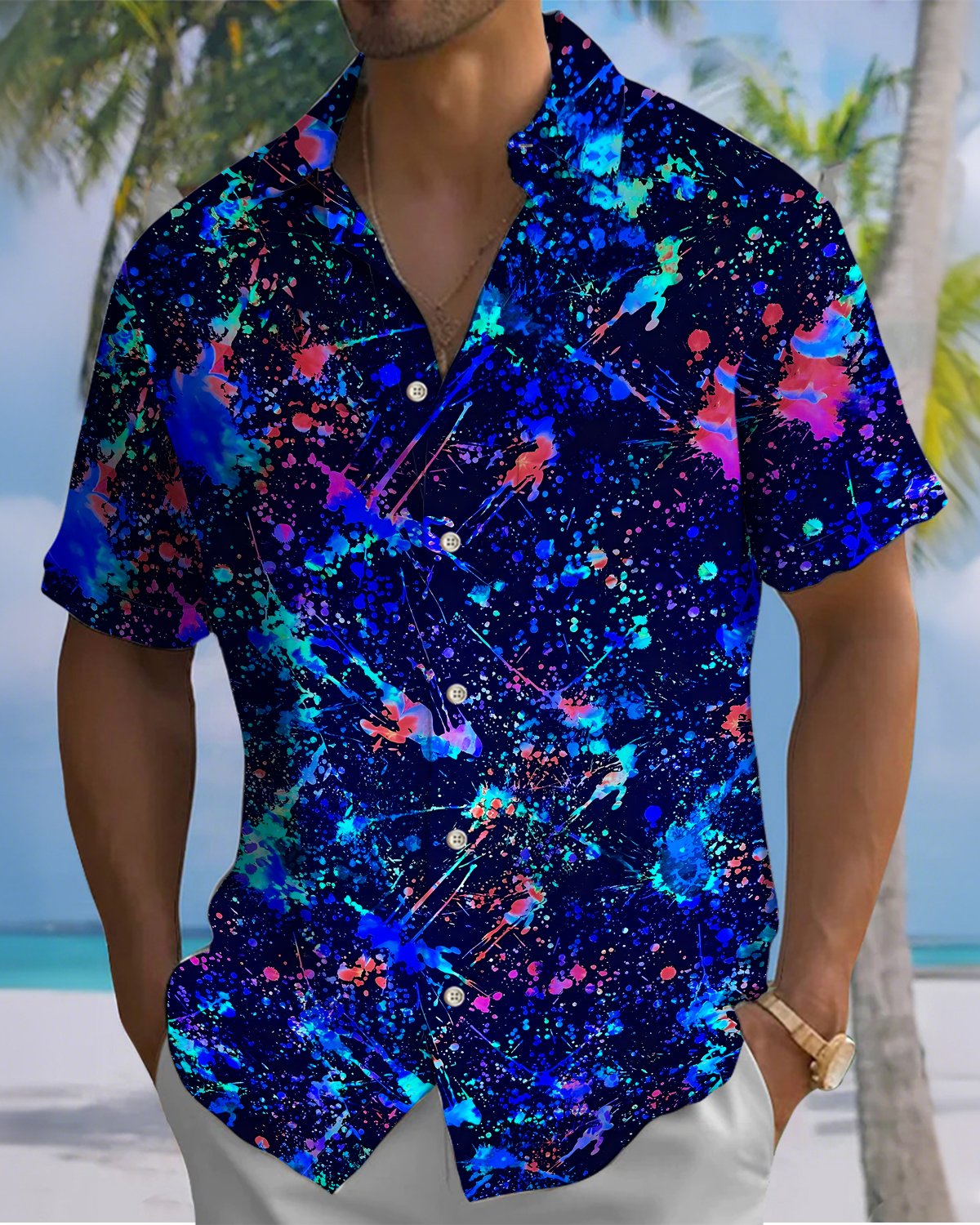 Alohadaddy® Men's Short-Sleeve Button-Down Shirt – Vintage Abstract Print with Pocket