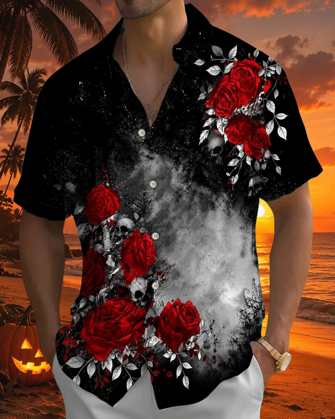 Alohadaddy® Holiday/Halloween Print Button-Down Short-Sleeve Shirt with Pocket
