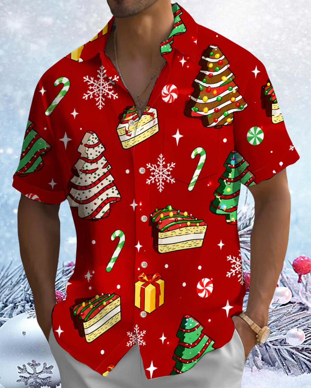 Alohadaddy® Holiday/Christmas Print Button-Down Short-Sleeve Shirt with Pocket for Men