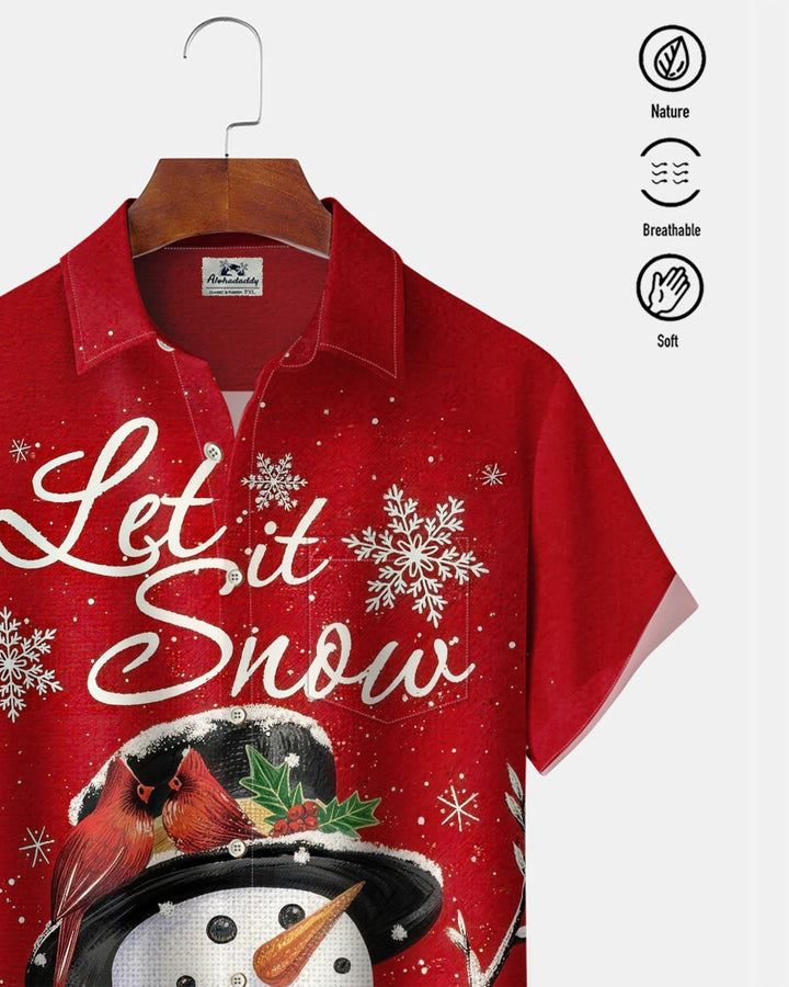 Alohadaddy® Holiday Christmas Snowman Print Button-Down Short-Sleeve Shirt with Pocket
