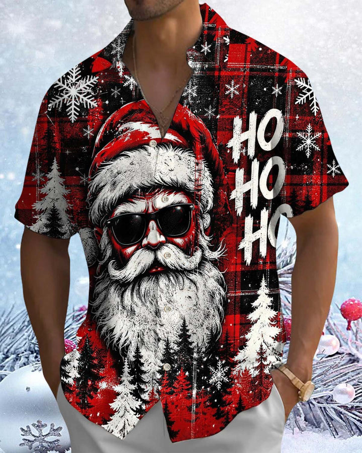 Alohadaddy® Holiday Santa Print Button-Down Short-Sleeve Shirt with Pocket