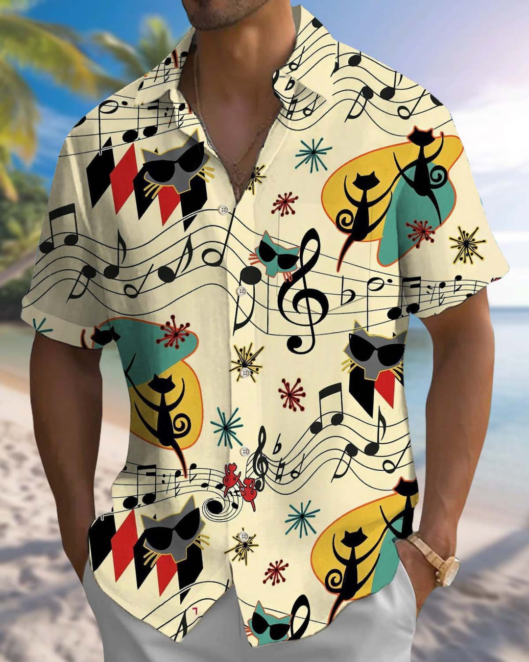 Alohadaddy® Men’s Short-Sleeve Button-Down Shirt  Vintage-Style Atomic Cat &amp; Musical Note Print with Pocket