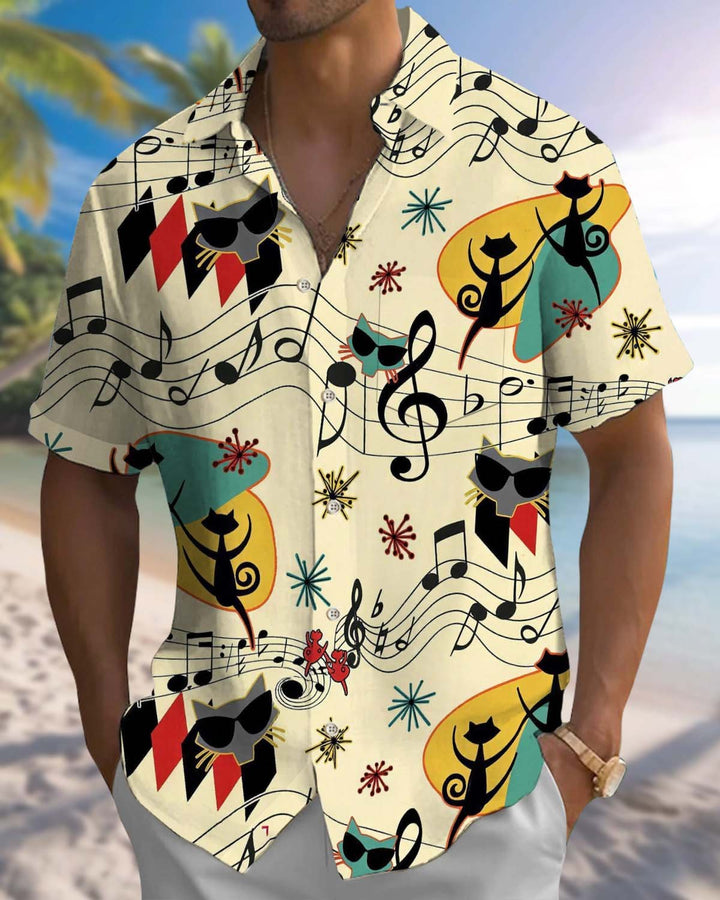 Alohadaddy® Men’s Short-Sleeve Button-Down Shirt  Vintage-Style Atomic Cat &amp; Musical Note Print with Pocket