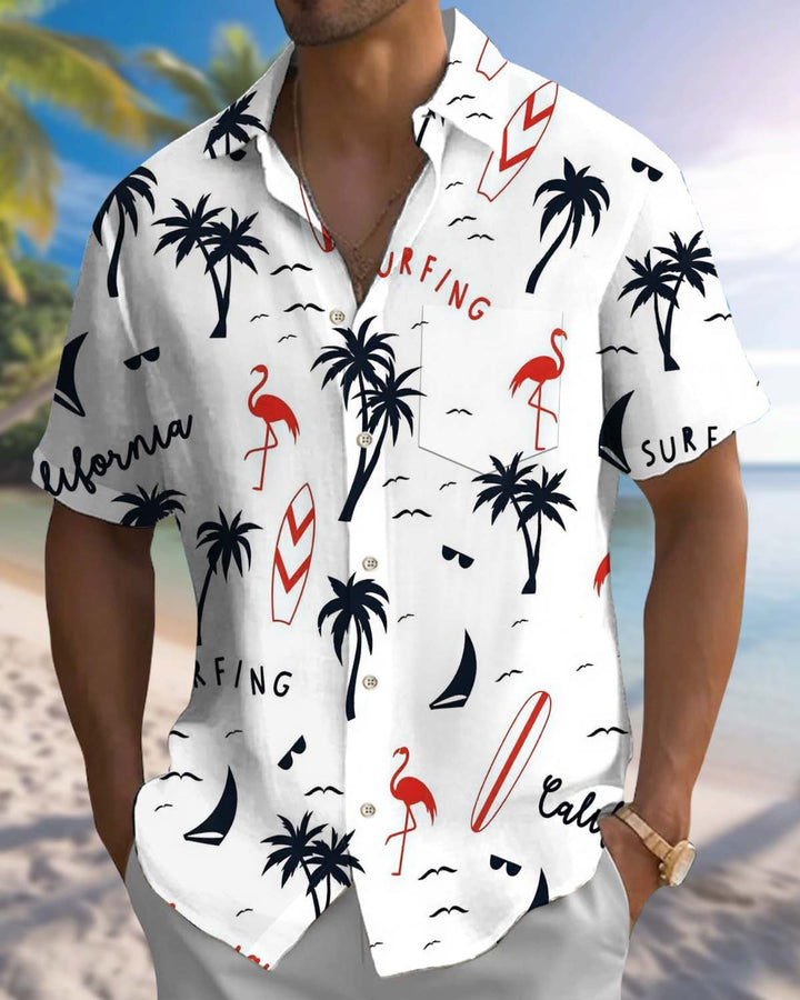 Alohadaddy® Men’s Short-Sleeve Button-Down Shirt with Palm Tree Print and Pocket
