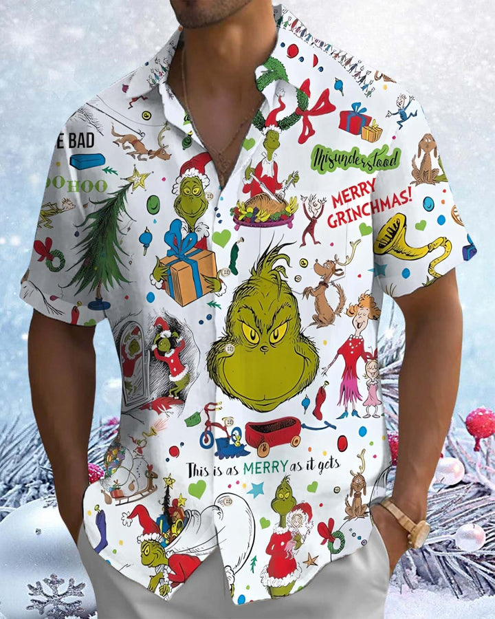 Alohadaddy® Holiday/Christmas Print Button-Down Short-Sleeve Men’s Cardigan Shirt with Pocket