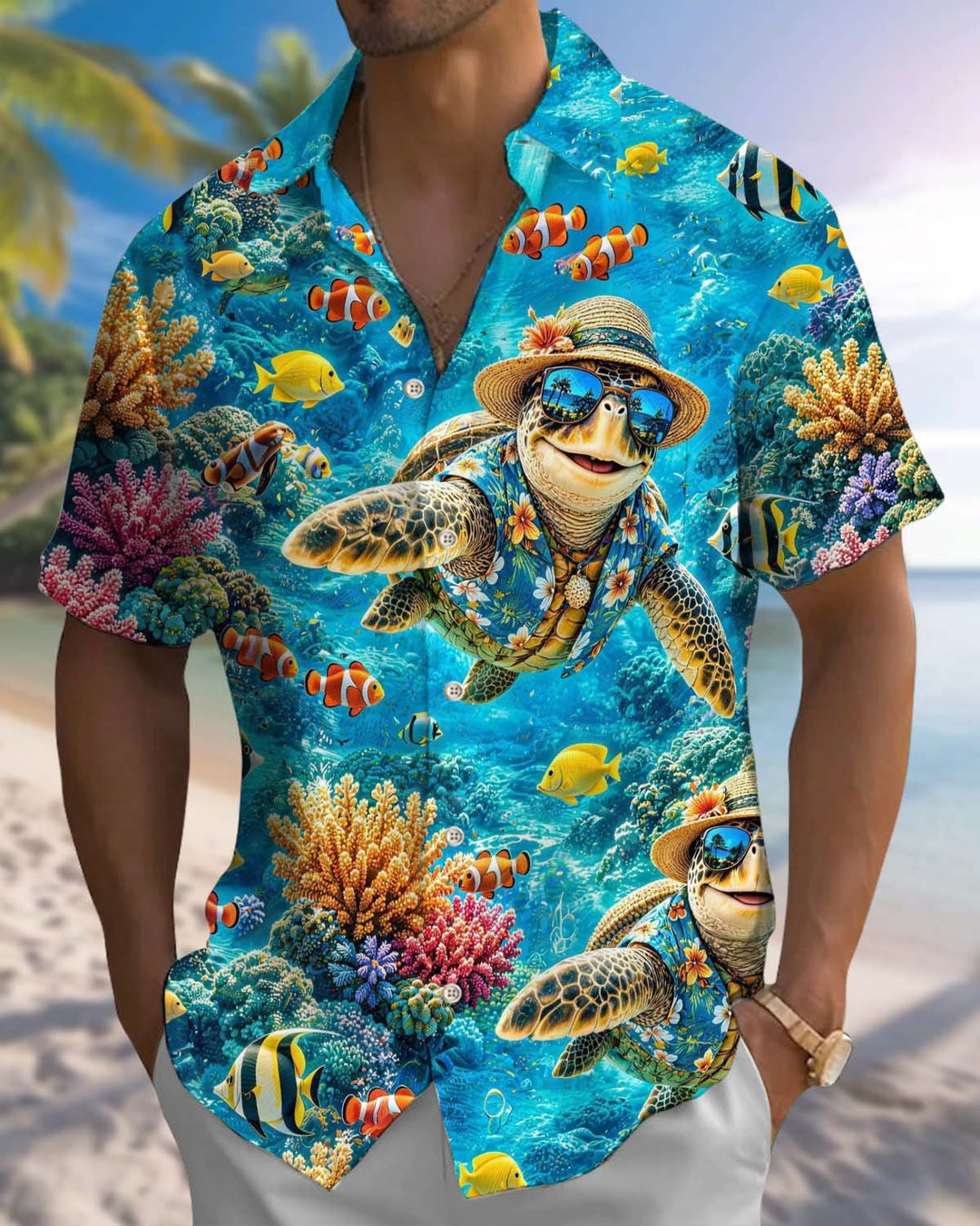 Alohadaddy® Men’s Short-Sleeve Button-Down Shirt with Sea Turtle Print and Pocket