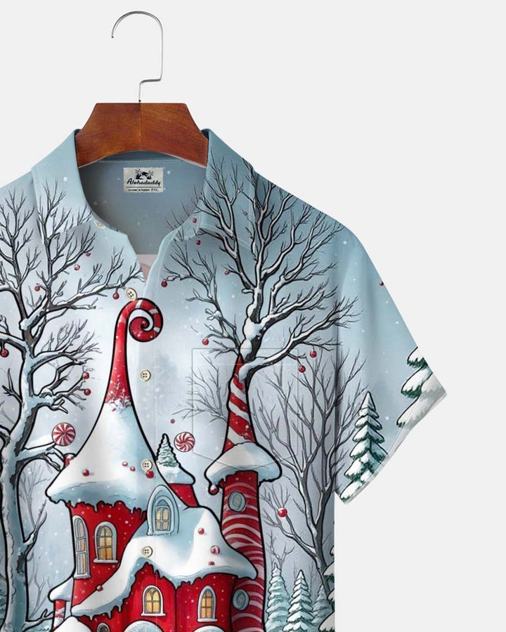 Alohadaddy® Holiday/Christmas Print Button-Down Short-Sleeve Men’s Cardigan Shirt with Pocket