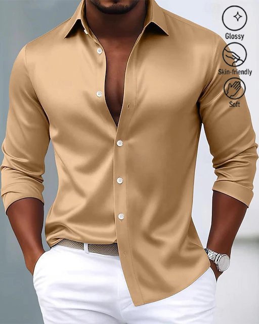 Alohadaddy® Basic Satin Satin Silk Printed Men's Button Pocket Satin Long-Sleeve Dress Shirt Big & Tall