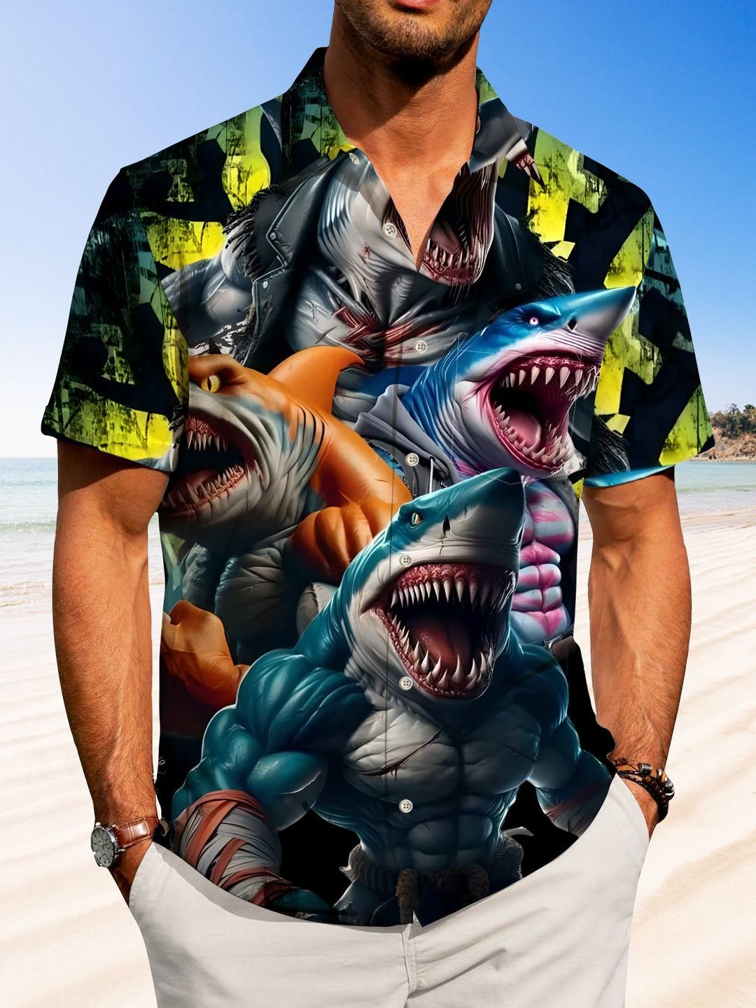 Alohadaddy Casual Series Shark Button Pocket Stretch Large Size Short Sleeve Shirt