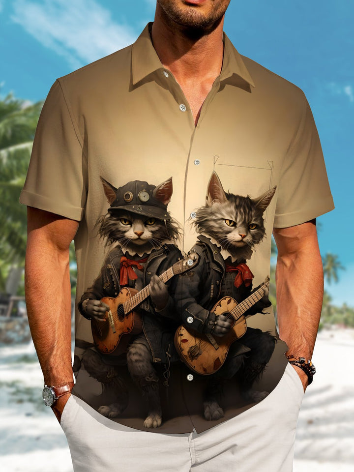 Alohadaddy Casual Retro Rock Cat Print Art Button Cardigan Pocket Stretch Long Large Size Short Sleeve Shirt