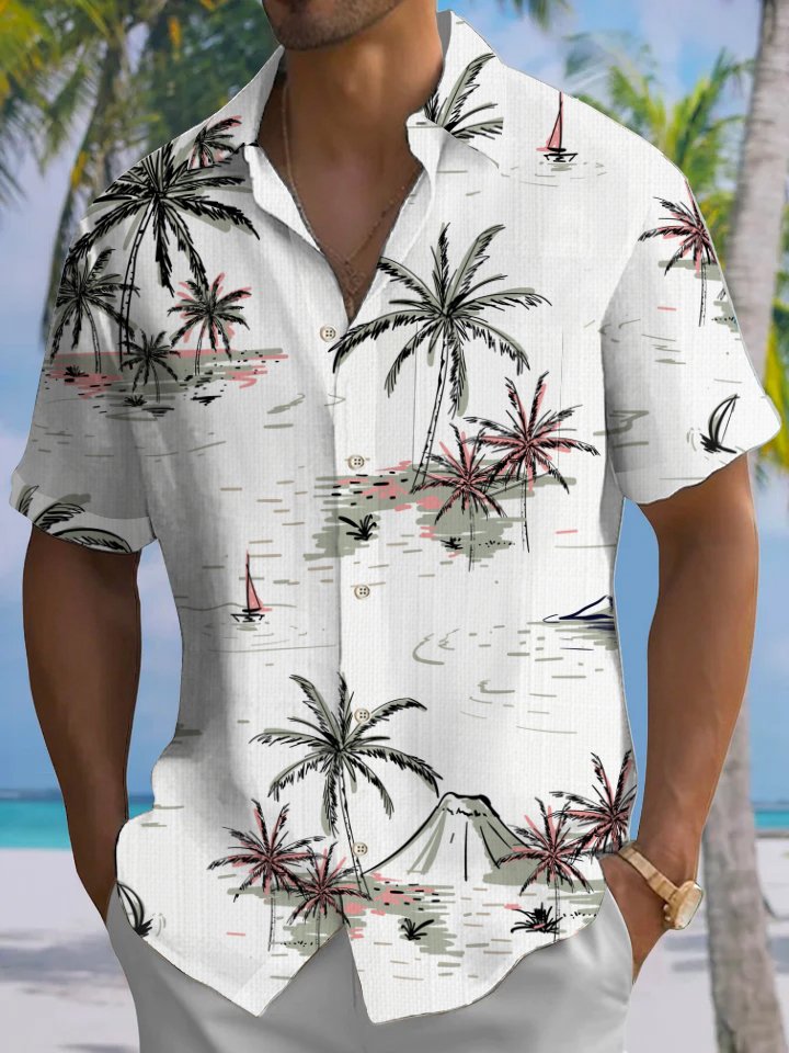 Alohadaddy Casual Hawaii Palm Trees Art Print Button Cardigan Pockets Stretch Oversized Long Short Sleeve Shirt