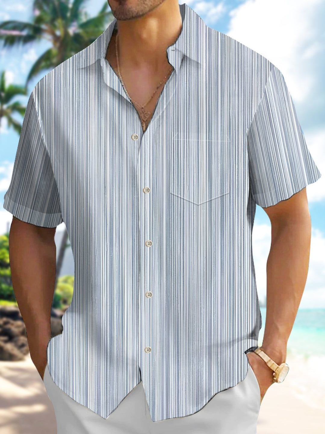 Alohadaddy Casual Collection Stripes Printed Art Pocket Cardigan Buttons Polyester Stretch Short Sleeve Shirt