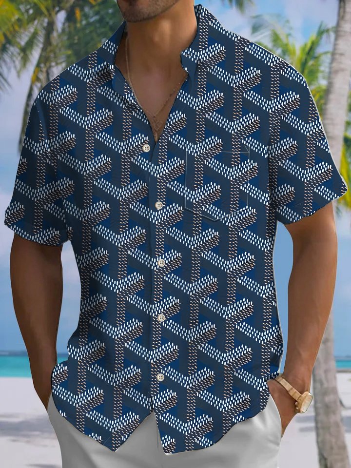 Alohadaddy Casual Collection Geometric Print Art Button Cardigan Pockets Fresh Stretch Polyester Short Sleeve Shirt
