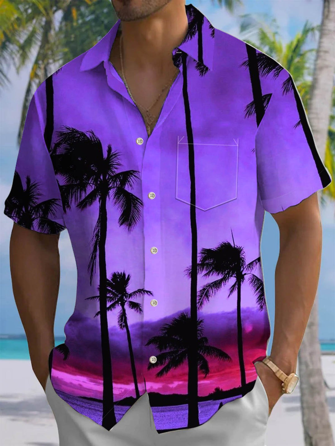 Alohadaddy® Hawaii Sunset Coconut Tree Print Elastic Large Size Chest Pocket Men&