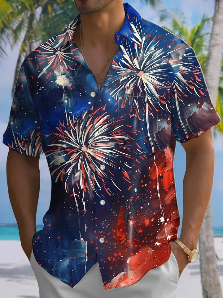 Alohadaddy® Holiday Collection Fireworks Print Chest Pocket Stretch Men&