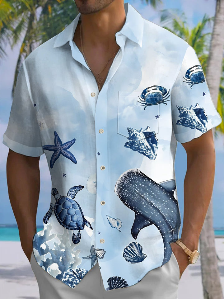 Alohadaddy® Hawaii Whale Turtle Print Art Chest Pocket Mens Short Sleeve Shirt Big &amp; Tall