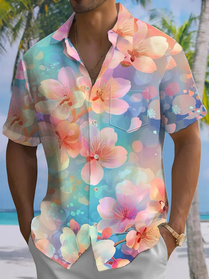 Alohadaddy® Hawaiian Flowers Art Print Chest Pocket Mens Short Sleeve Shirt Big &amp; Tall