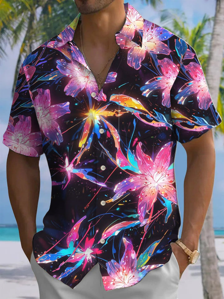 Alohadaddy® Casual Floral Art Print Chest Pocket Mens Short Sleeve Shirt Big &amp; Tall