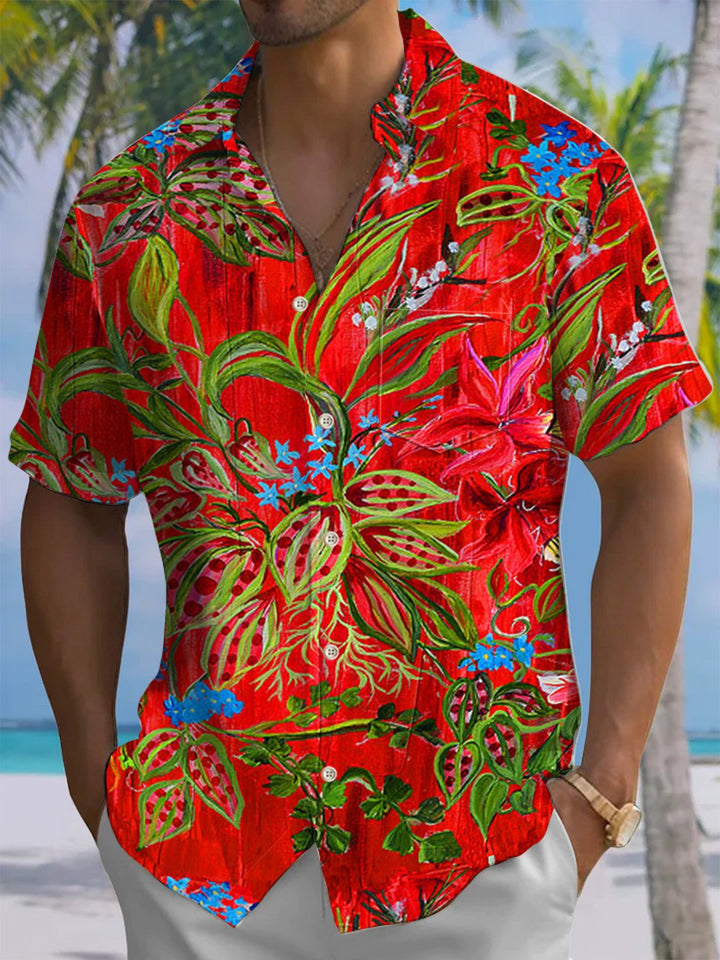 Alohadaddy® Hawaiian Flowers Art Print Chest Pocket Mens Short Sleeve Shirt Big &amp; Tall