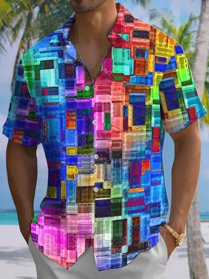 Alohadaddy® Geometric Contrast Art Print Chest Pocket Mens Short Sleeve Shirt Big &amp; Tall