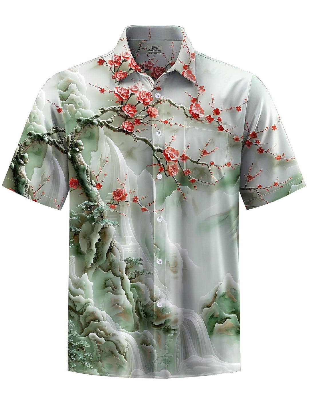 Alohadaddy® Hawaiian Embossed Floral Wave Art Print Chest Pocket Men&